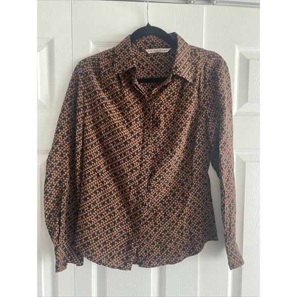 Trina Turk Women's Black Tan Geometric 100% Silk‎ Blouse Career Small - Picture 1 of 6